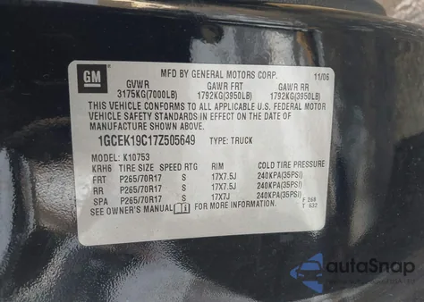 2007 Chevrolet Silverado K1500 from USA, damaged, VIN 1GCEK19C17Z505649